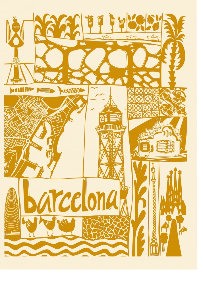 Barcelona graphic gold poster with a golden graphic illustration collage of Barcelona landmarks including a map and Sagrada Familia
