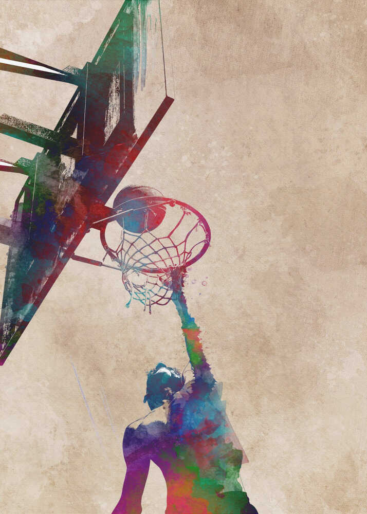 Basketball dunk poster with a colorful watercolor illustration of a player dunking a basketball