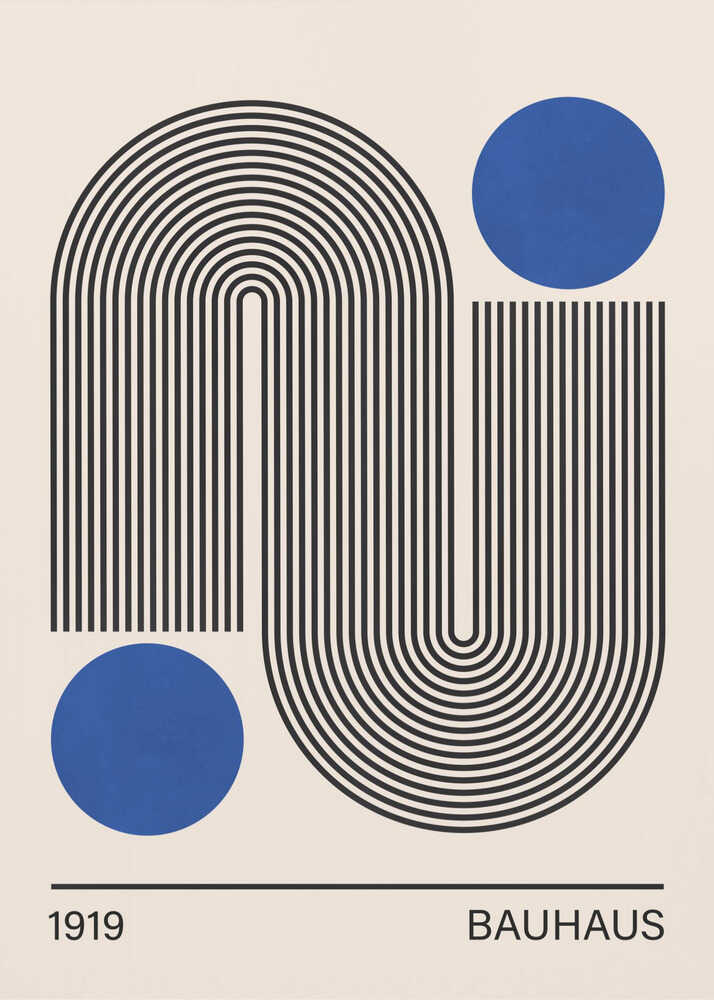Bauhaus 1919 arches poster with black concentric arches and blue circles labeled 1919 Bauhaus