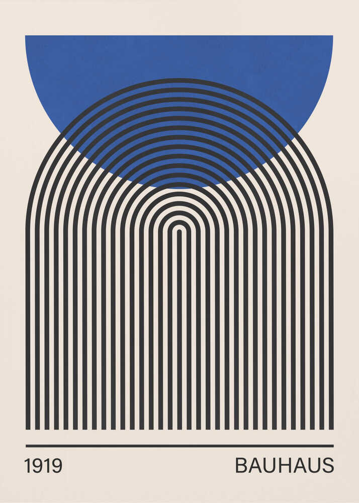 Bauhaus blue arch poster with black concentric arches and a blue semicircle labeled 1919 Bauhaus