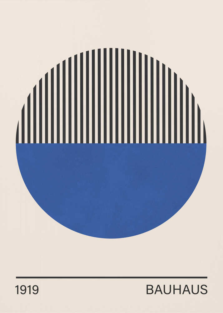 Bauhaus geometric circle 1919 poster with a Bauhaus-style geometric circle half striped and half blue labeled 1919 Bauhaus