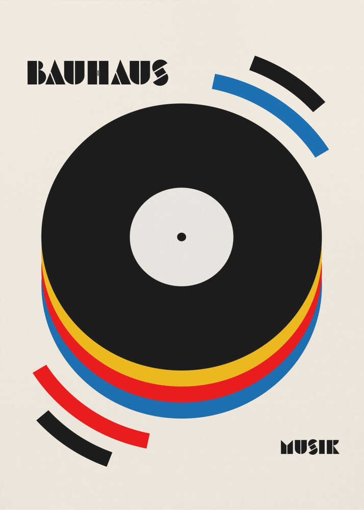 Bauhaus music vinyl poster with a Bauhaus-style graphic of a black vinyl record with colorful arcs and text