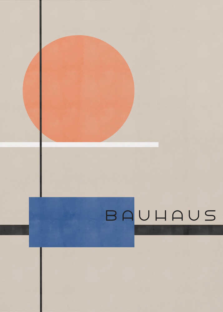 Bauhaus orange circle poster with an orange circle, blue rectangle and black lines labeled Bauhaus
