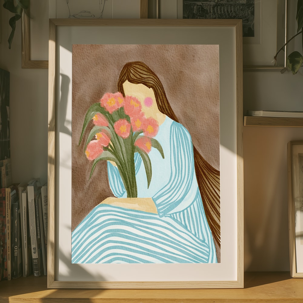 Shy Woman Pink Tulips Poster