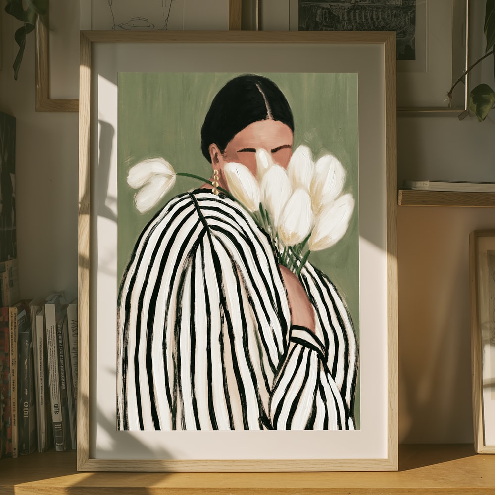 Poster mit Frau mit Blumen, gestreifter Frau mit Tulpen-Illustration