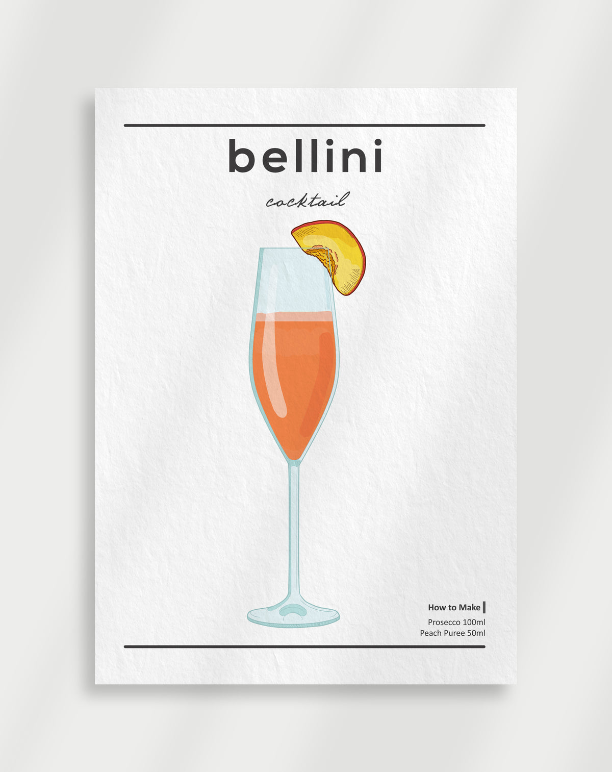 Bellini cocktail poster with a line drawing of a bellini in a flute glass with a peach slice and a recipe