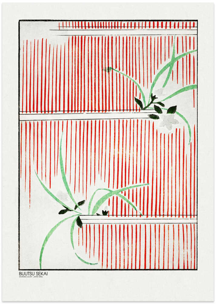 Bijutsu Sekai Morning Glory poster with green vines and white flowers on red stripes, 1890s Japan