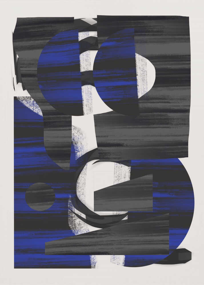 Blue black abstract poster with an abstract painting of bold blue and black brushstrokes forming geometric shapes