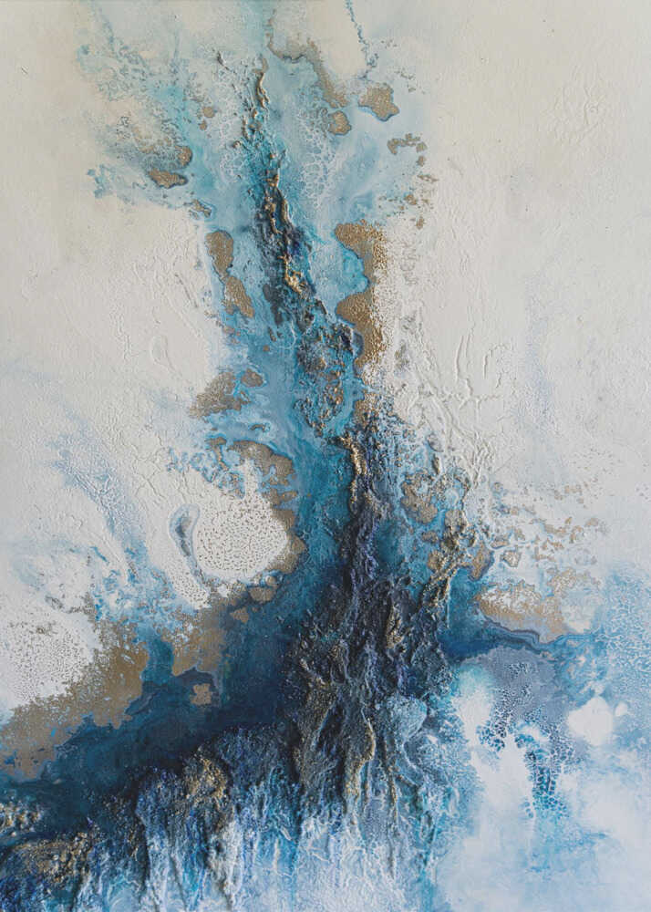 Blue gold abstract poster with abstract fluid art in blues whites and gold