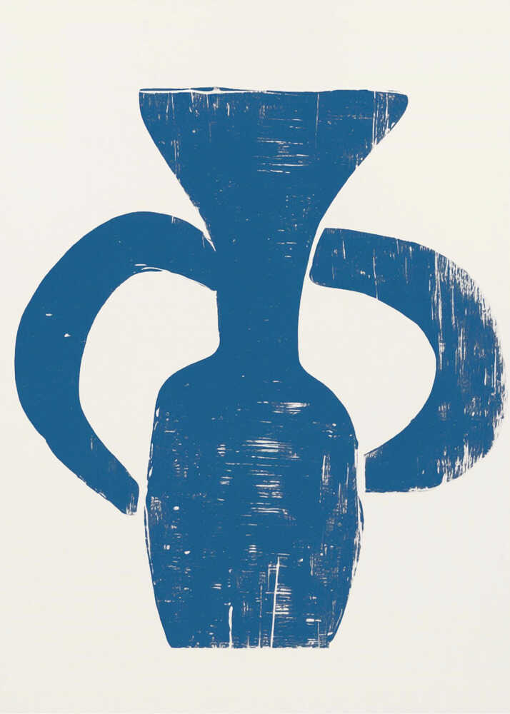 Blue linocut abstract vase poster with a bold blue linocut illustration of an abstract vase with handles