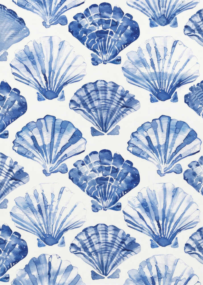 Blue watercolor seashells pattern poster with a repeating pattern of blue watercolor seashells on a white background
