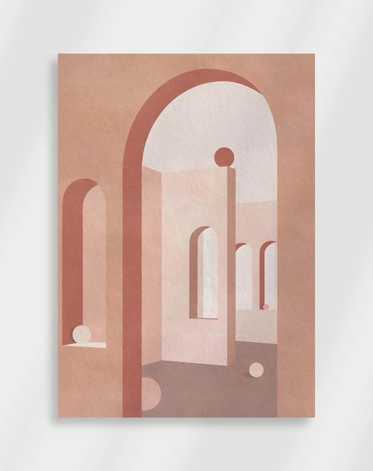 Boho abstract arches architecture poster with an abstract architectural composition of arches, columns and spheres in soft pink and terracotta tones