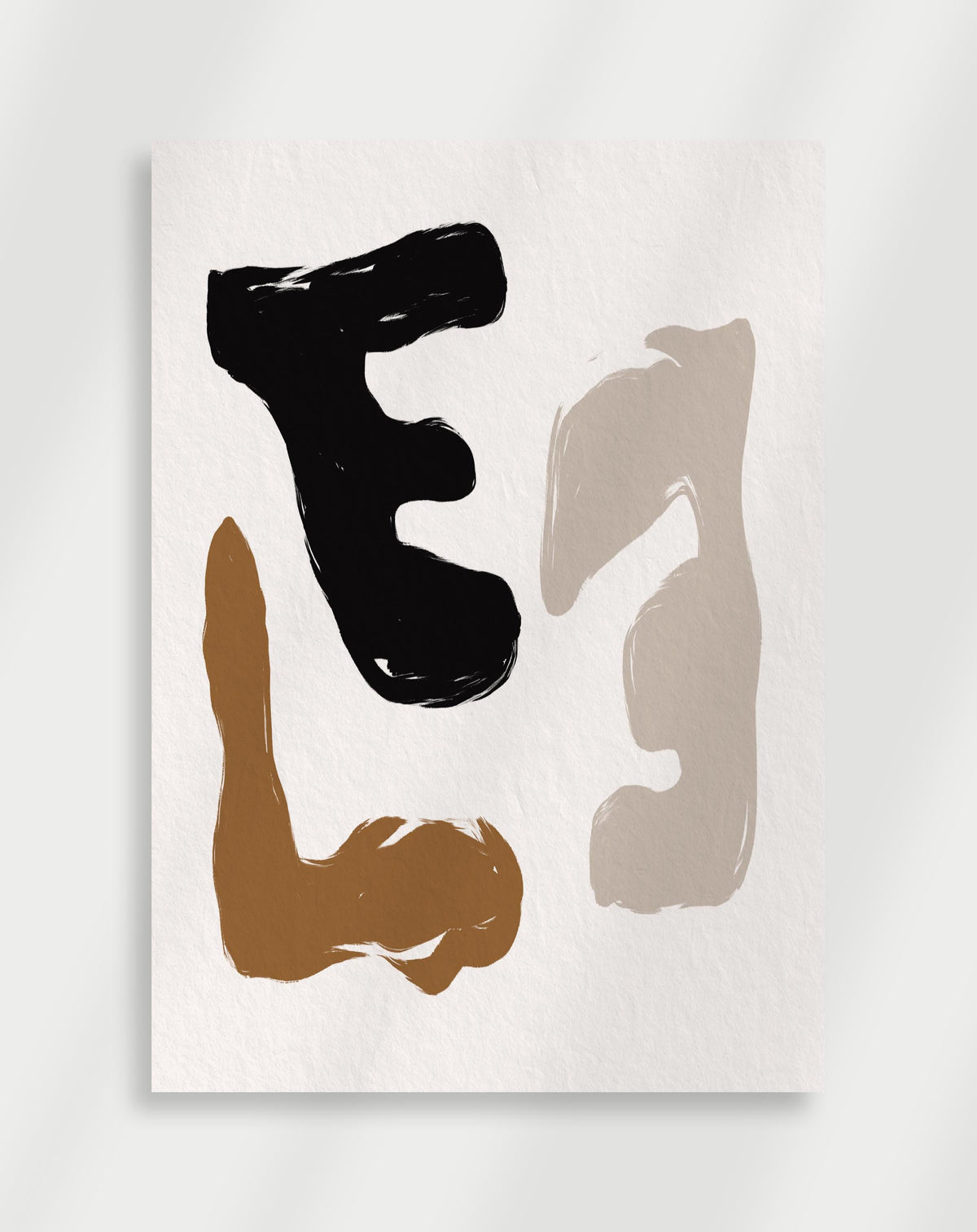 Boho abstract brushstroke shapes poster with an abstract composition of bold brushstroke shapes in black, brown and beige on a white background