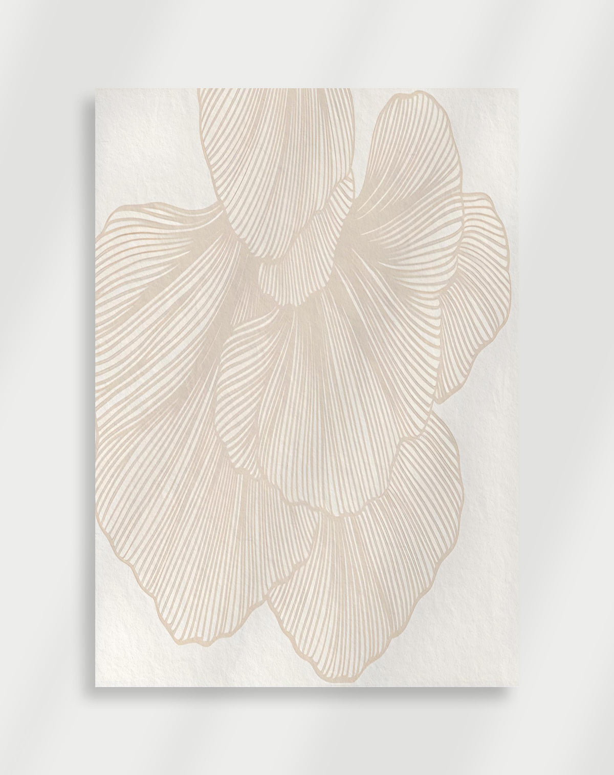 Boho abstract leaf lines poster with a minimalist line drawing of overlapping abstract leaf shapes in beige on a white background