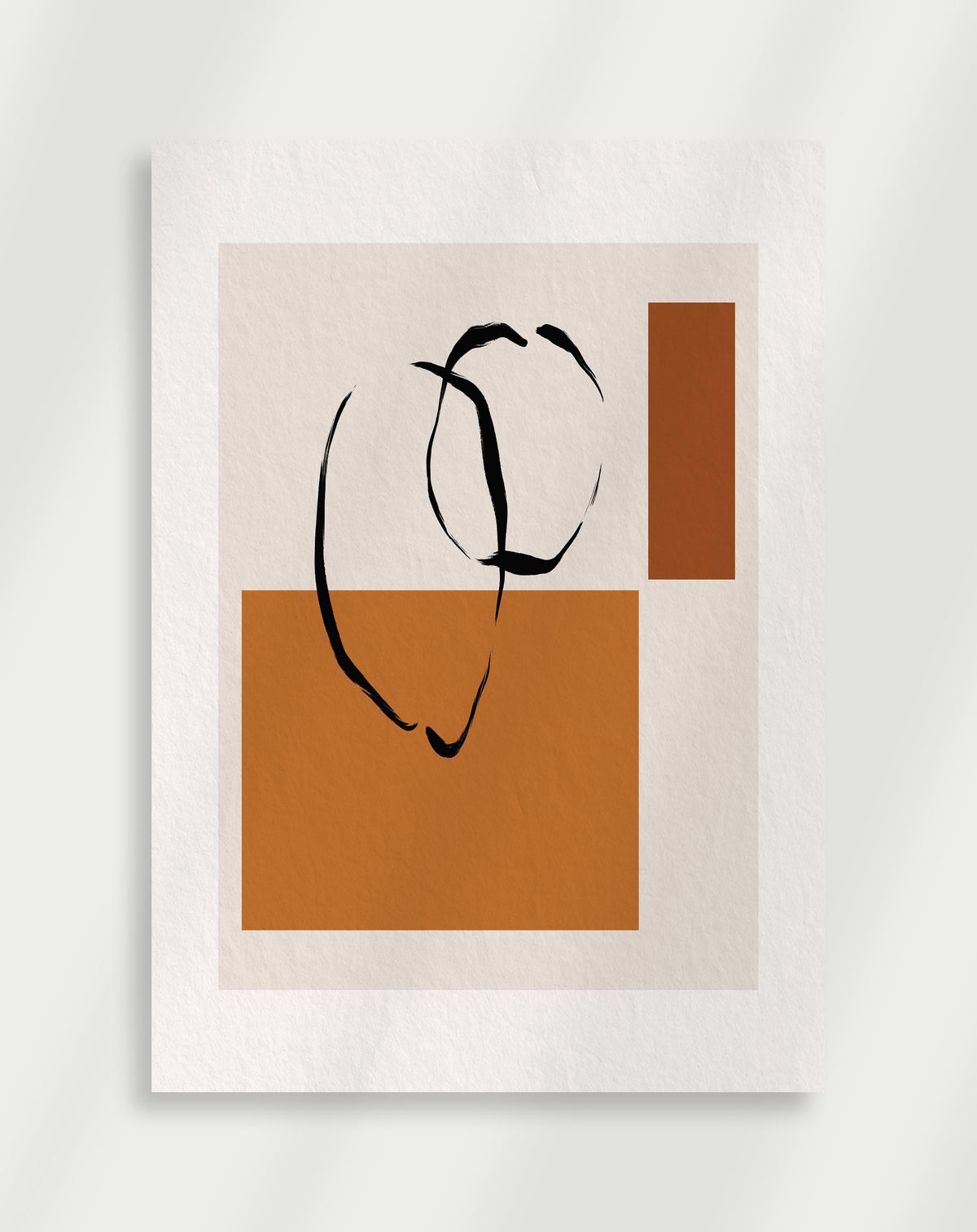 Boho abstract orange shapes poster with an abstract composition of black brushstroke lines and orange rectangles on a beige background