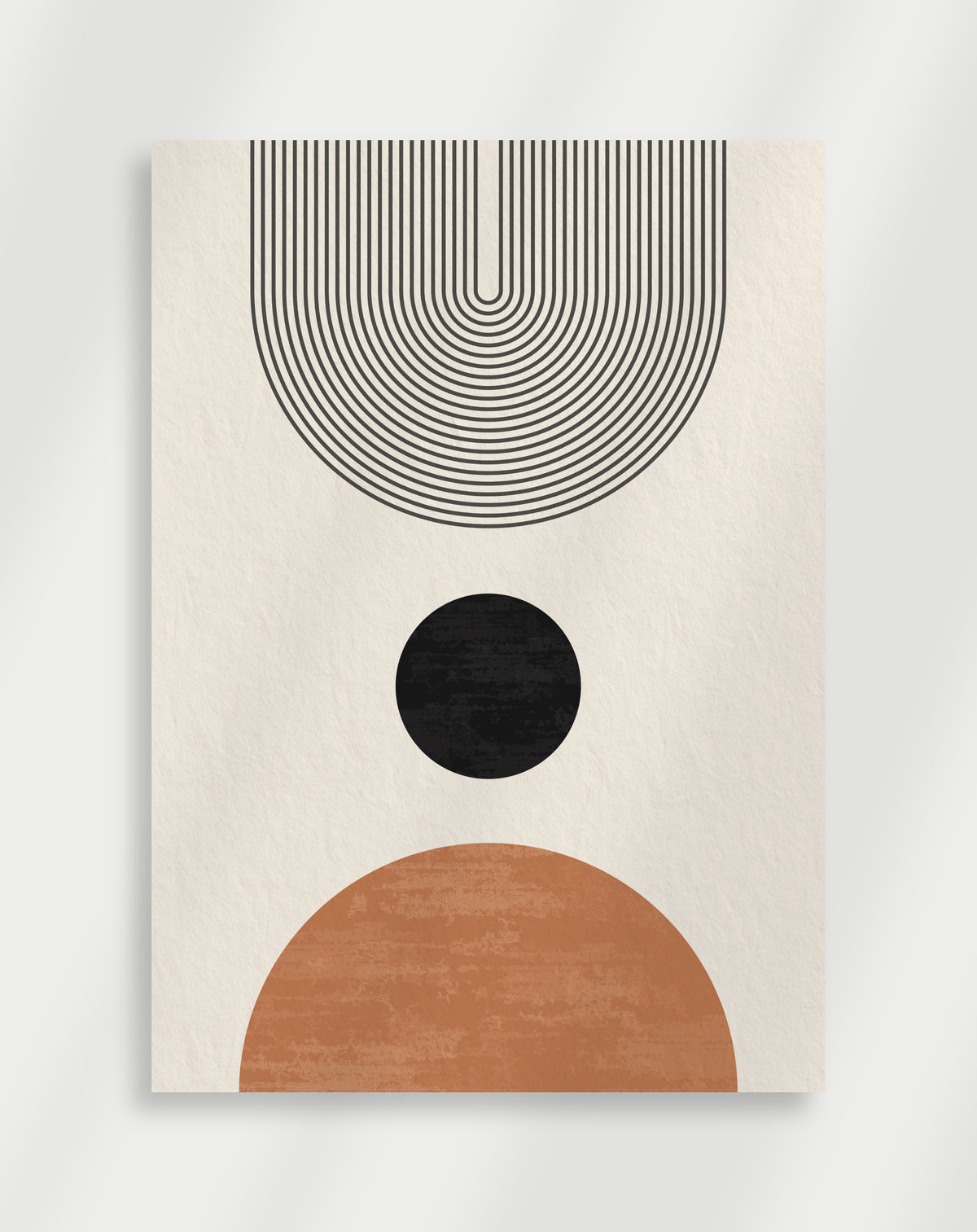 Boho arches circle terracotta poster with a minimalist geometric composition of black concentric arches, a black circle and a terracotta semi-circle