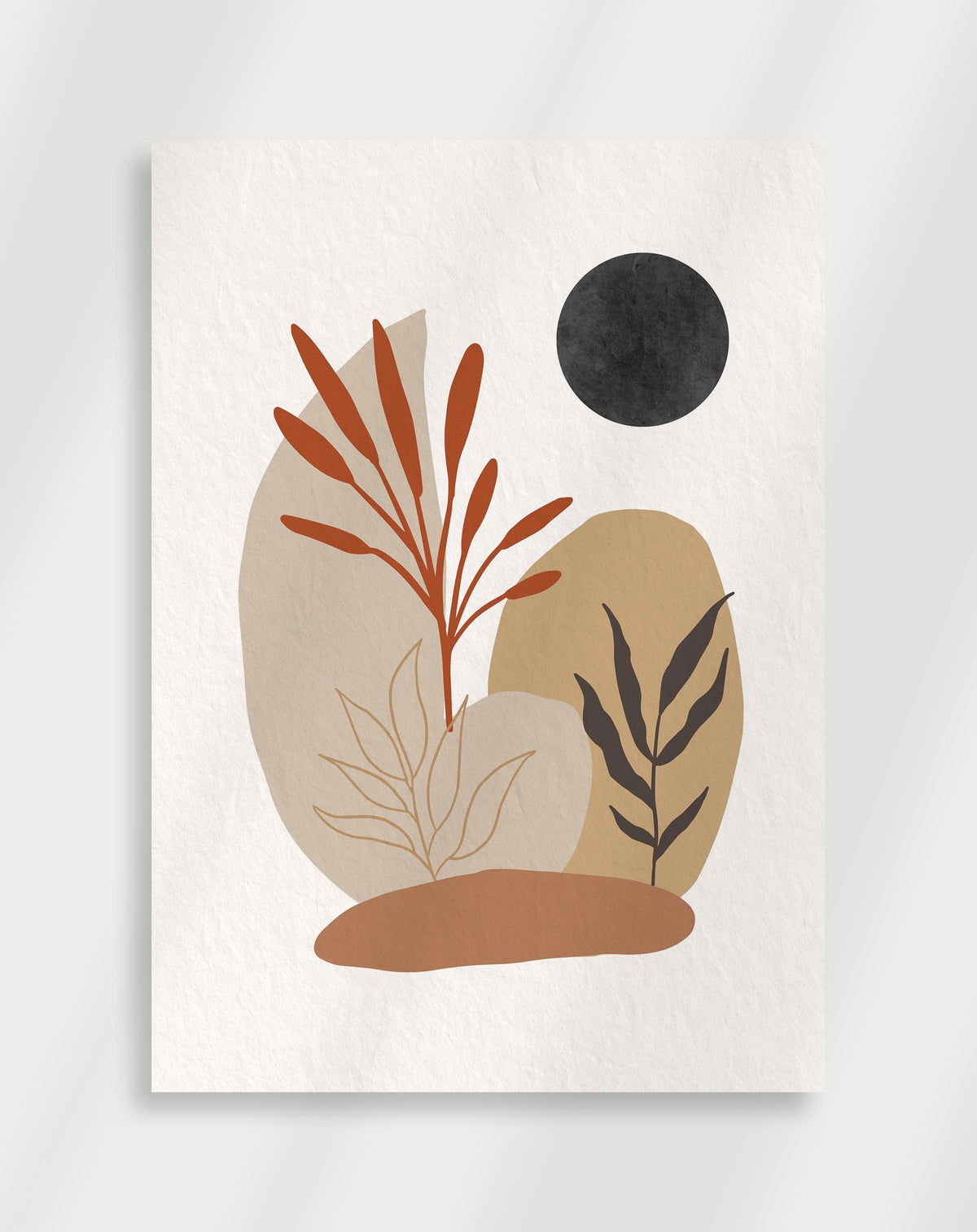 Boho botanical abstract poster with a minimalist abstract composition of plants, organic shapes and a black circle in earth tones