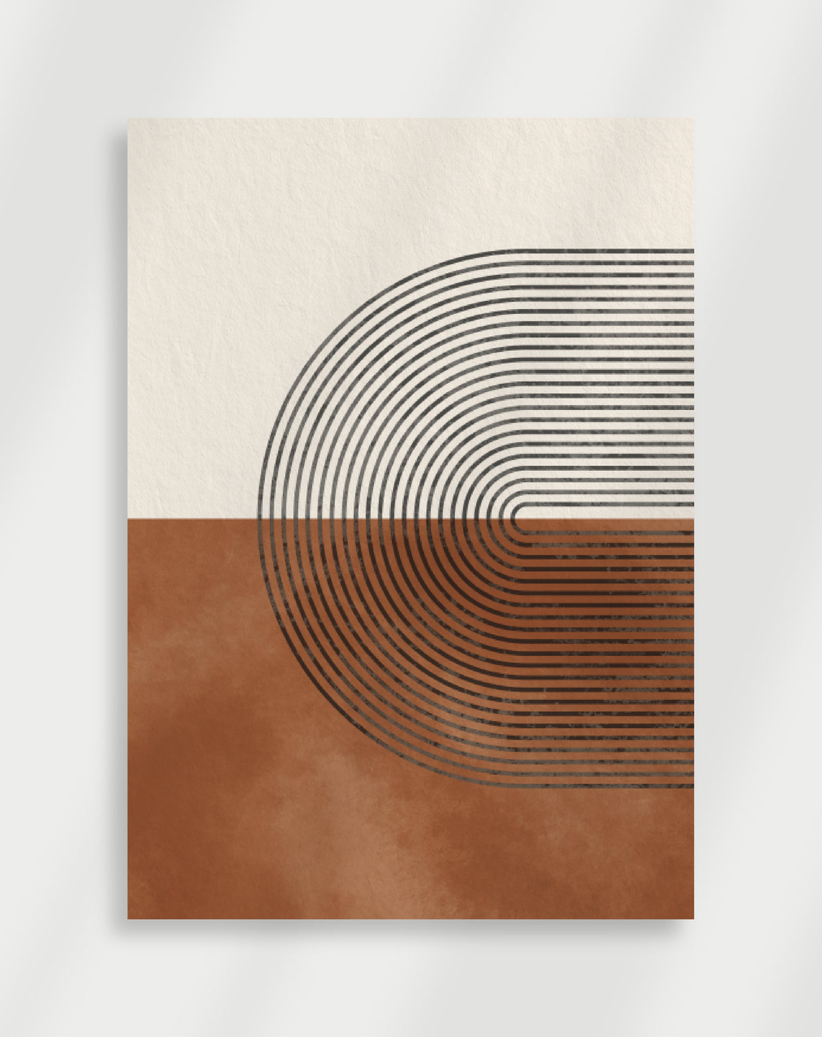 Boho concentric arches split poster with a minimalist geometric composition of black concentric semi-circles on a split cream and terracotta background