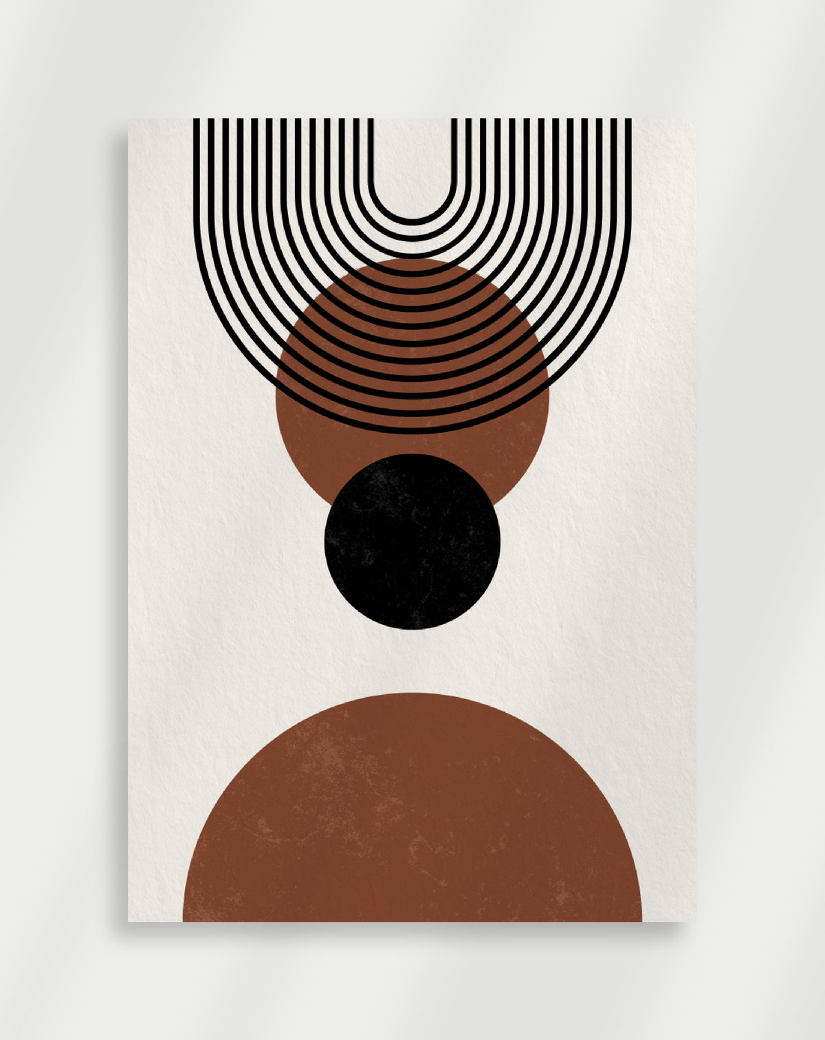 Boho geometric circles arches brown poster with a minimalist geometric composition of black concentric arches and brown and black circles