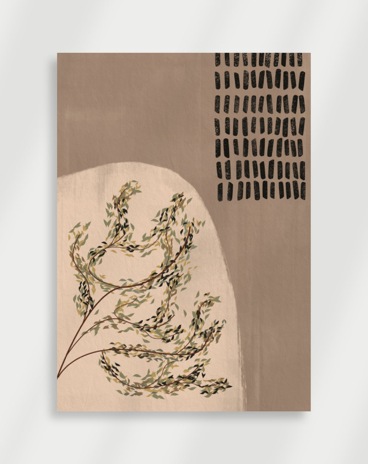 Boho leafy branch poster with a minimalist composition of a leafy branch illustration on a peach shape and a black dashed pattern