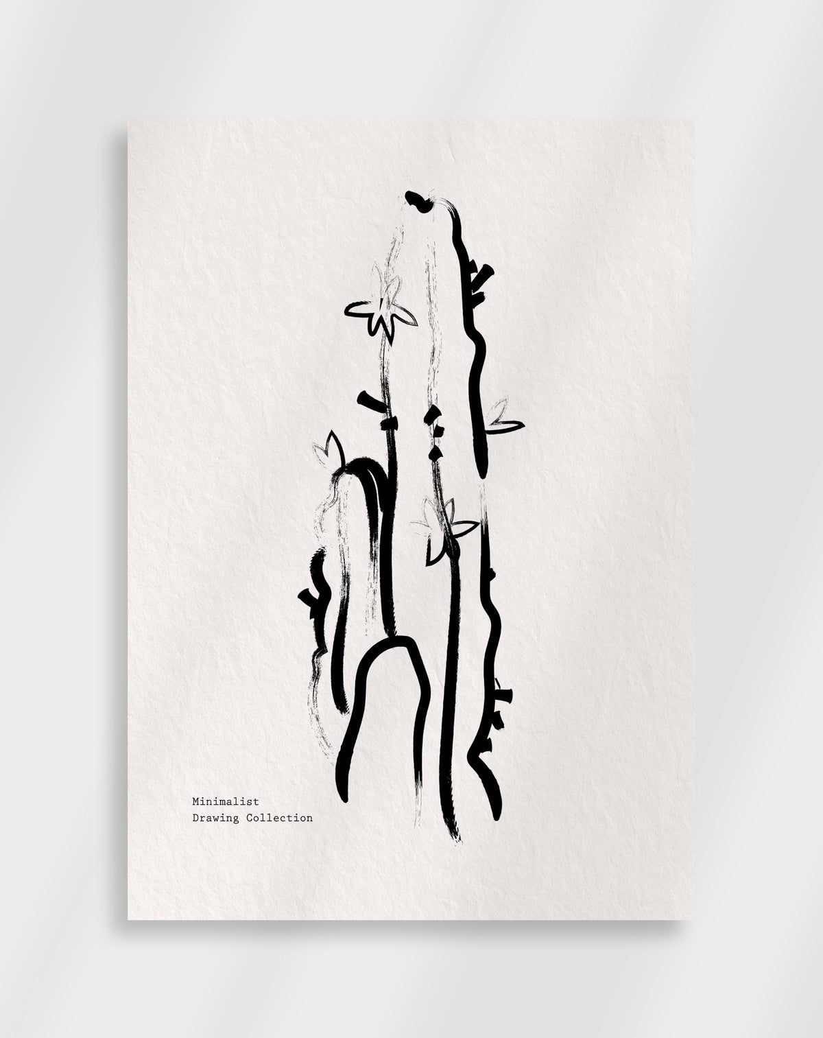 Boho minimalist plant drawing poster with a black abstract brushstroke drawing of a plant on a white background