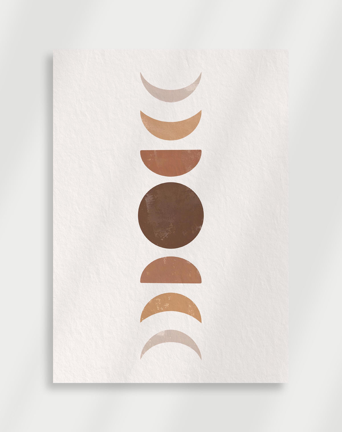 Boho moon phases earth tones poster with a vertical series of moon phases in earth tones on a white background