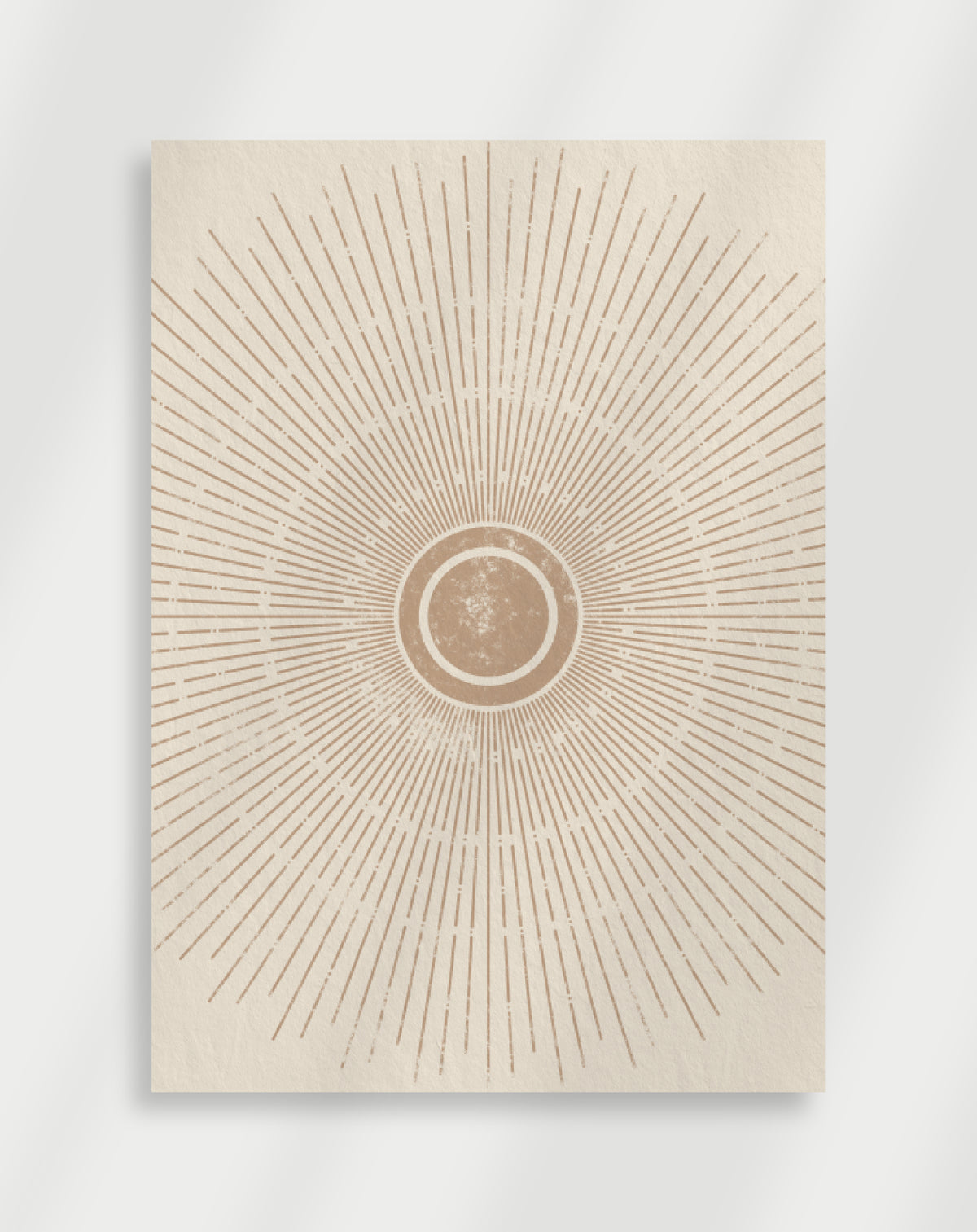 Boho sunburst circle poster with a minimalist sunburst composition of radiating lines from a central circle on a cream background