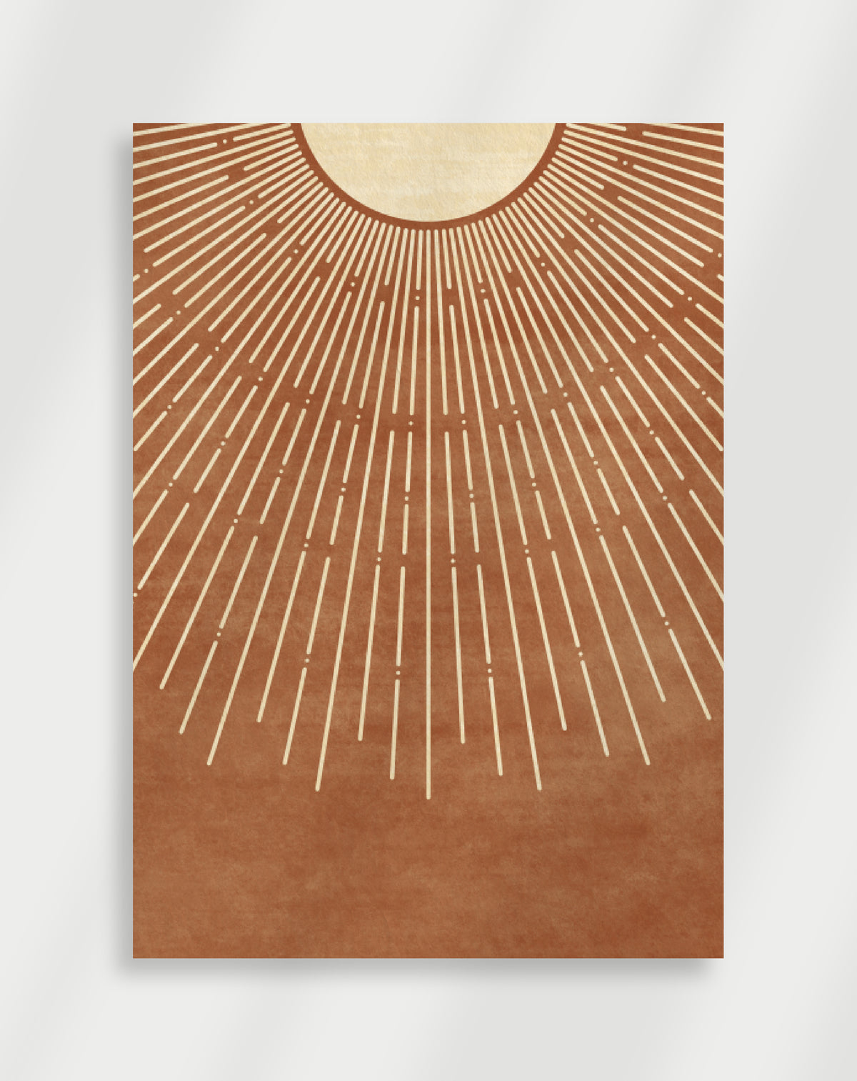 Boho sunburst terracotta poster with a minimalist sunburst composition of radiating lines from a semi-circle on a terracotta background