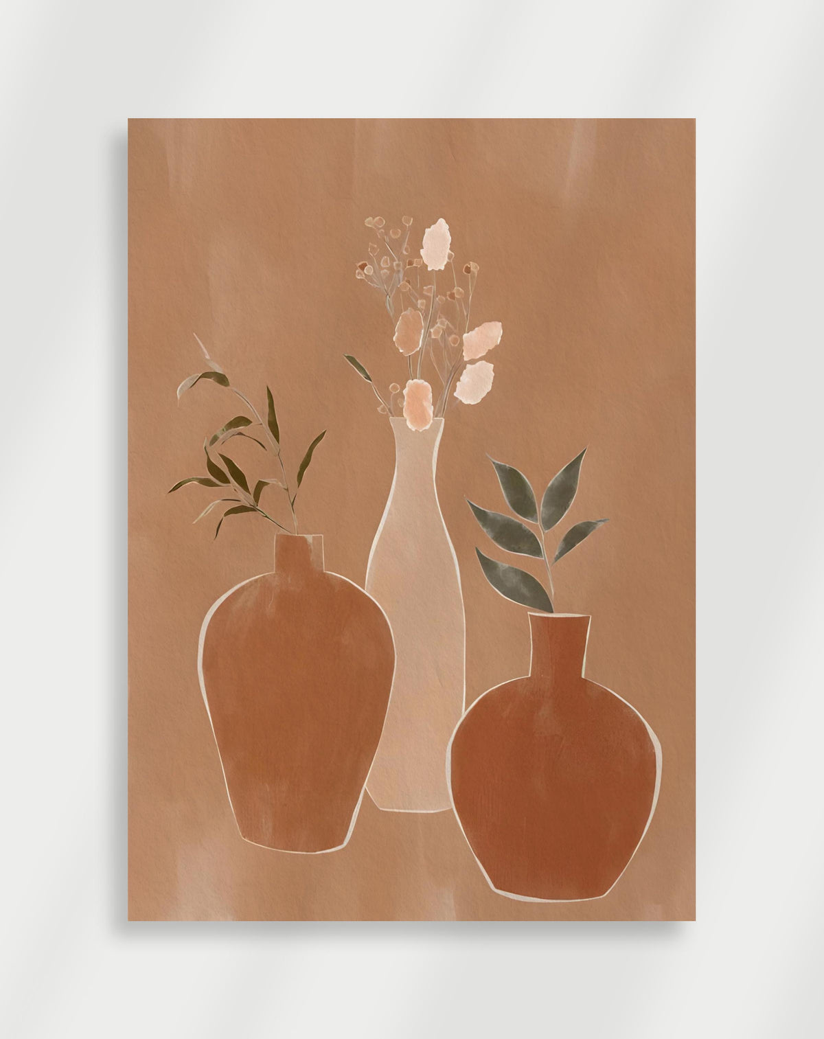 Boho vases still life poster with a minimalist still life of three terracotta and beige vases with flowers and leaves on a terracotta background