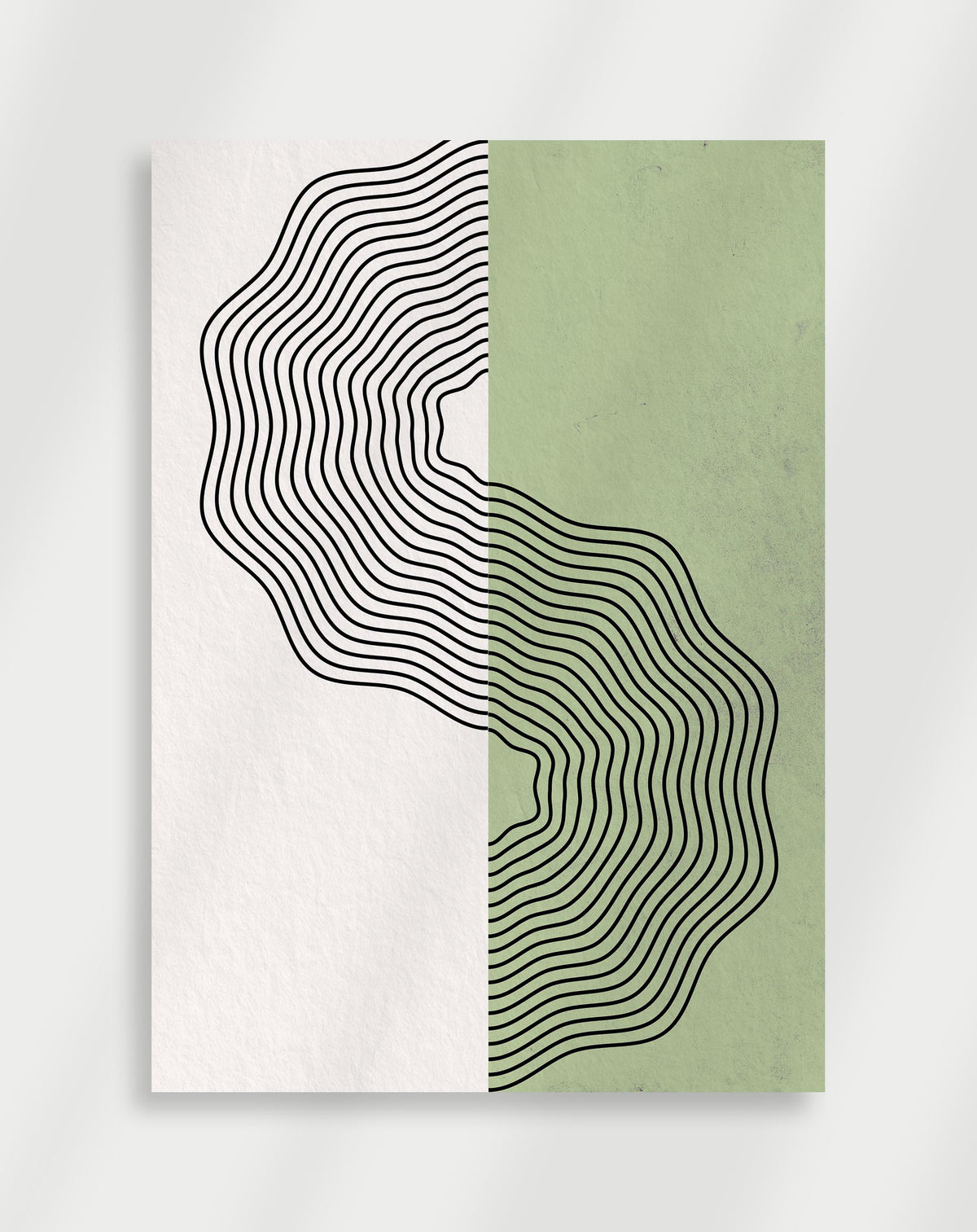 Boho wavy lines split poster with an abstract composition of black wavy parallel lines on a split white and sage green background