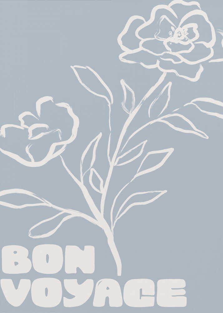 Bon Voyage flowers poster with a minimalist graphic of white line flowers and leaves on blue with Bon Voyage text