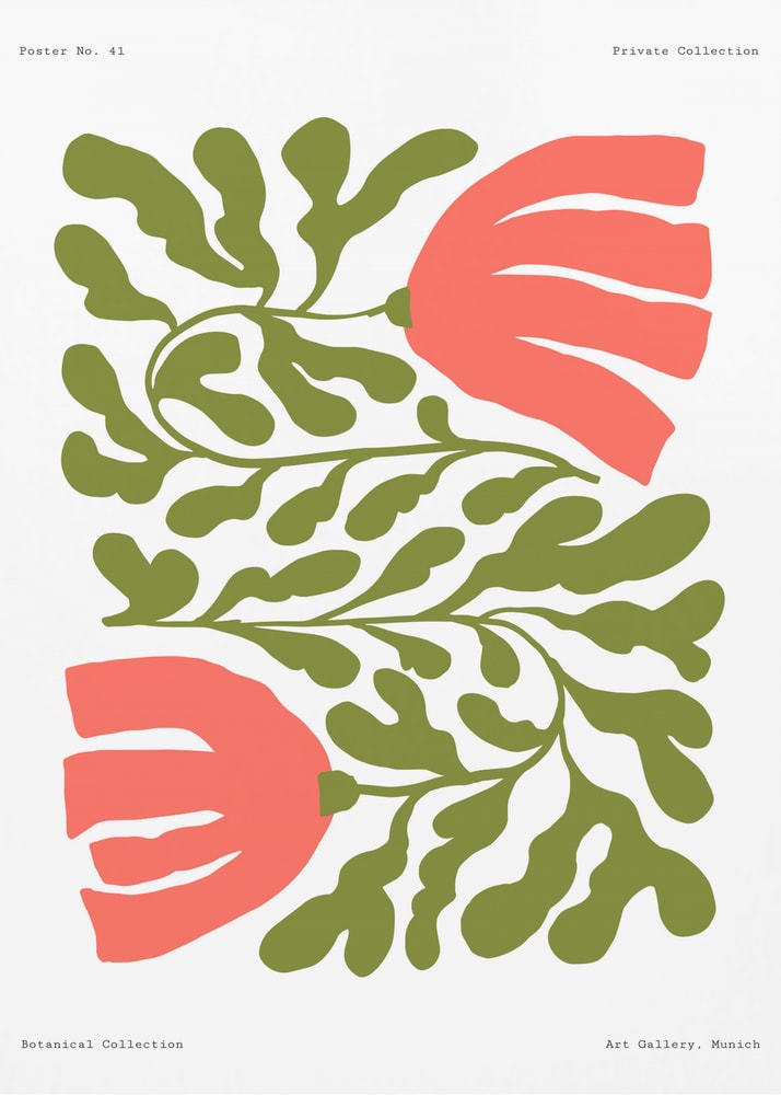 Botanical poster no41 green leaves with a graphic illustration of green abstract leaves and coral pink flowers
