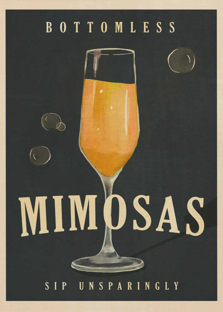 Bottomless mimosas poster with a graphic of a mimosa cocktail glass and text Bottomless Mimosas Sip Unsparingly