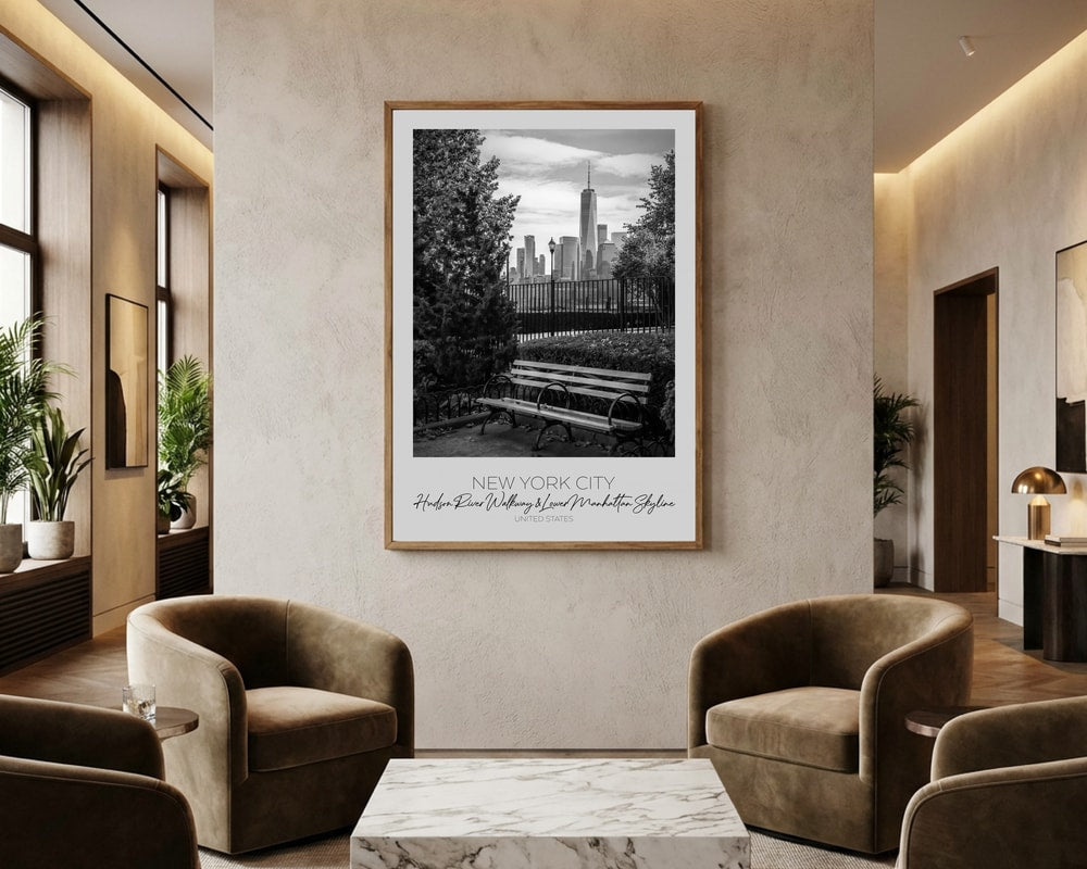 Poster mit Skyline von New York City und Parkbank