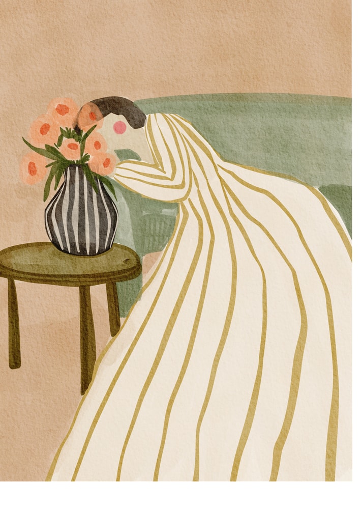 Poster mit einer Frau, die Blumen bewundert