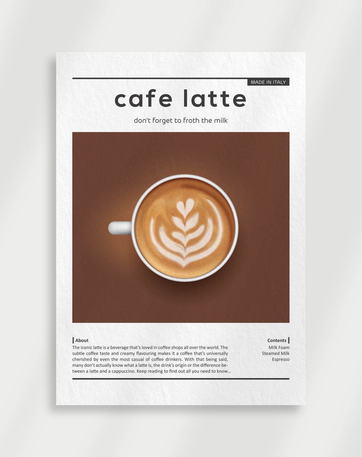 Cafe latte poster with a top-down cup of latte art and the text cafe latte