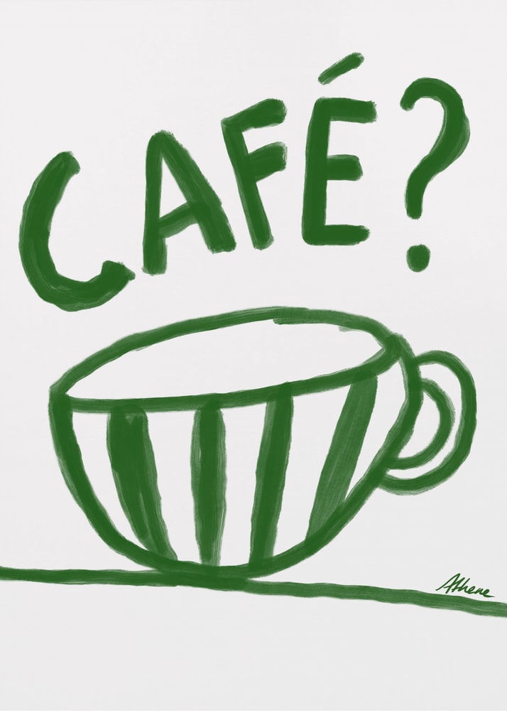 Cafe poster with a green hand-drawn coffee cup and the text CAFÉ?
