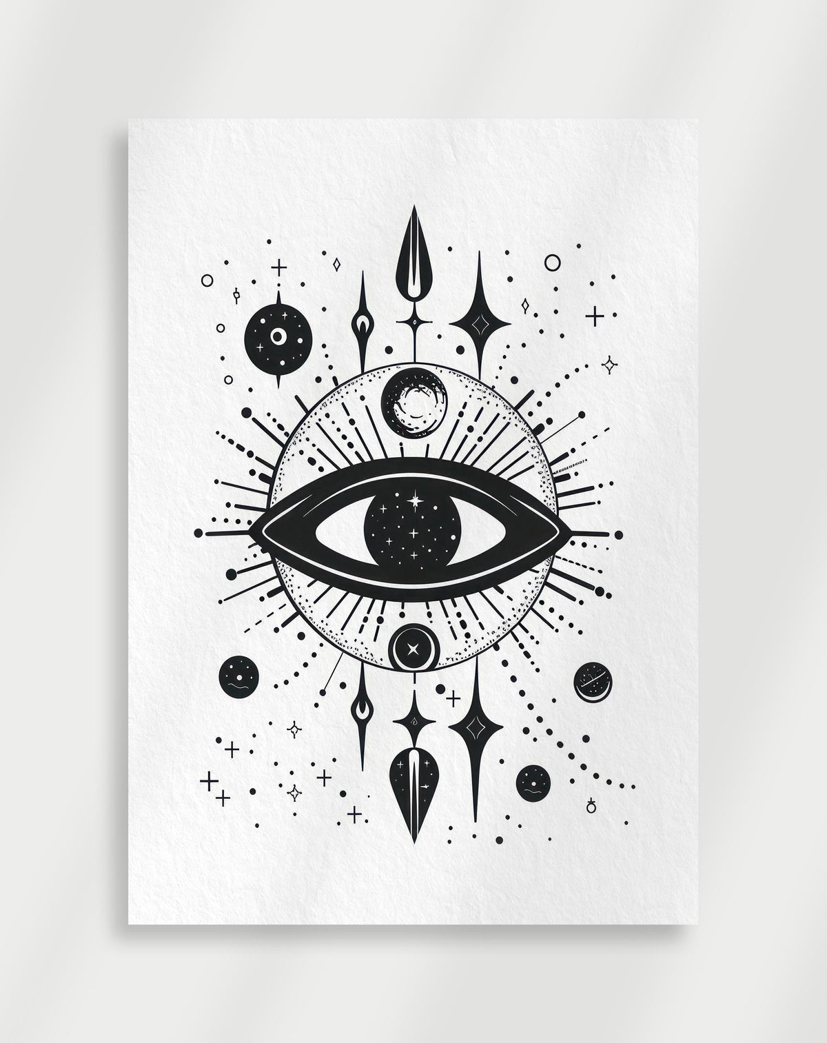 Celestial eye poster with a black and white illustration of an eye surrounded by stars and moons