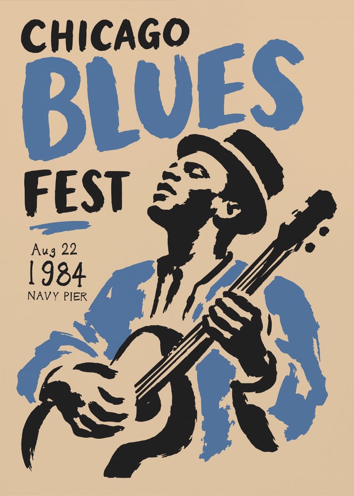 Chicago Blues Fest 1984 poster with a vintage stylized illustration of a guitarist in black and blue on a beige background