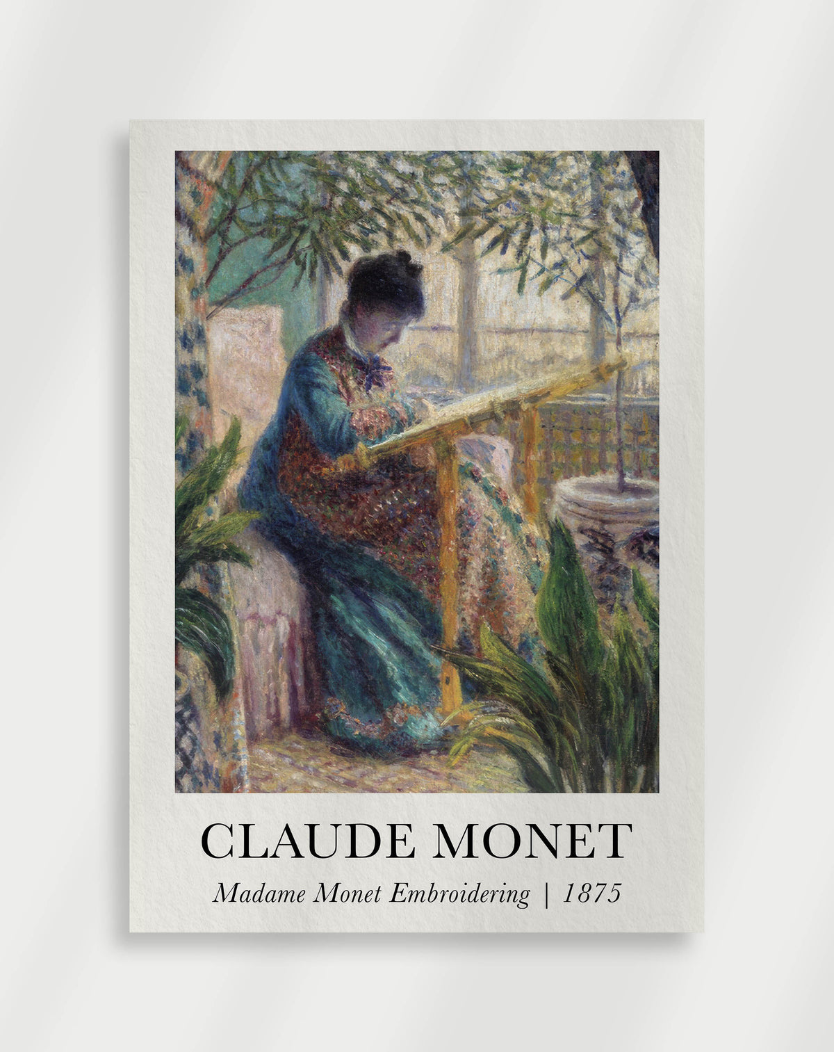 A poster of Claude Monet's painting 'Embroiding' with a woman sewing in a garden, capturing the essence of the Impressionist style.