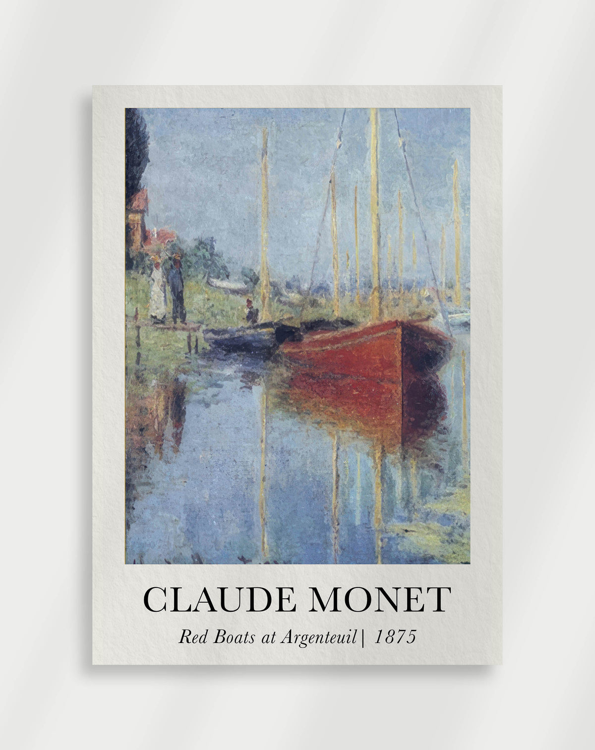 Red boats on water with reflections and soft impressionist style by Claude Monet