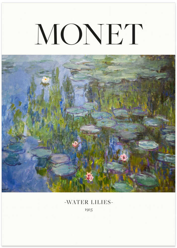 Claude Monet Water Lilies poster with pink lilies on a blue pond, 1915