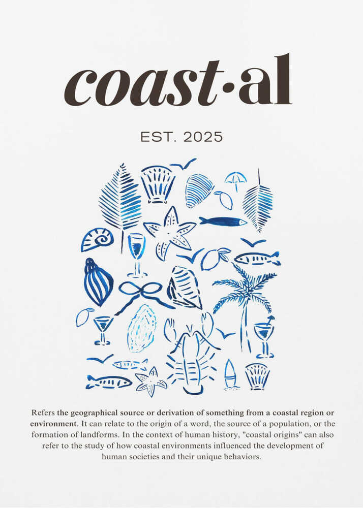 Coastal blue illustrations poster with a graphic of blue line drawings of coastal elements like shells fish and palm titled coastal