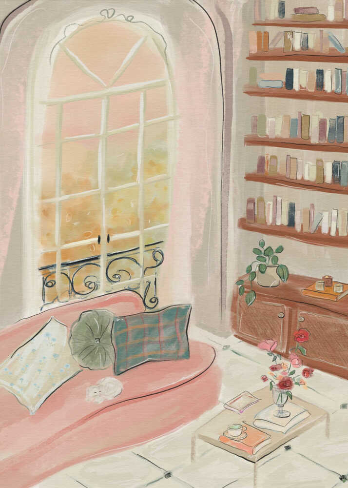 Cozy interior poster with a pink sofa, arched window, bookshelf and coffee table