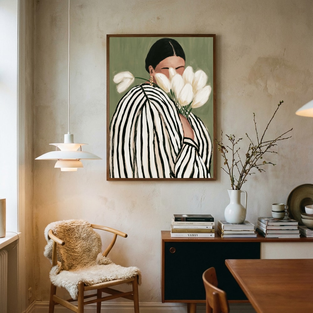 Poster mit Frau mit Blumen, gestreifter Frau mit Tulpen-Illustration
