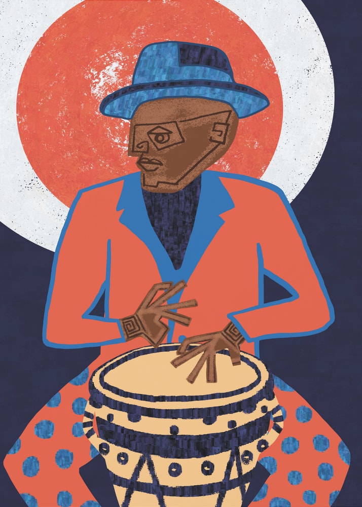 Drummer illustration poster with a stylized graphic of a man in a blue hat and orange jacket playing a drum