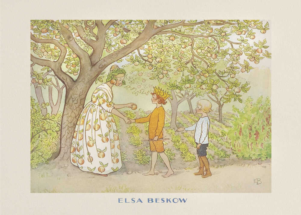 Elsa Beskow poster with children and a woman in an apple dress under apple trees