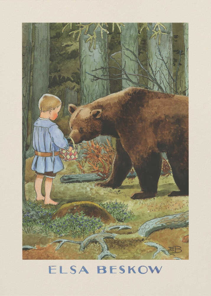Elsa Beskow poster with a boy offering a basket to a bear in the forest