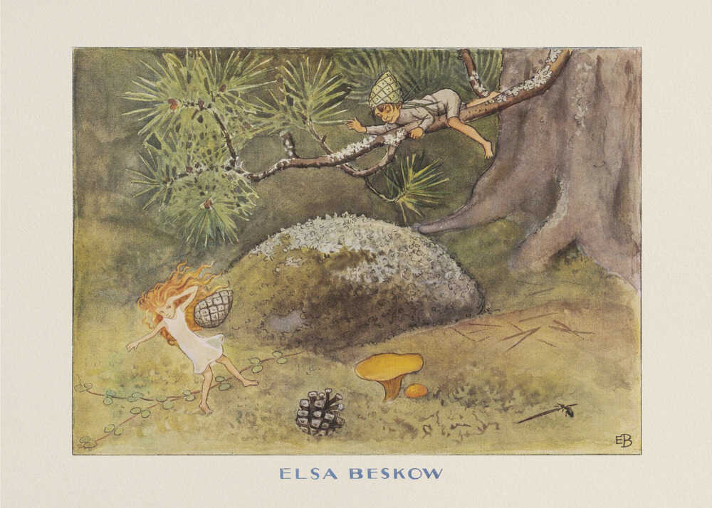 Elsa Beskow poster with children, a pinecone and a mossy rock in the forest