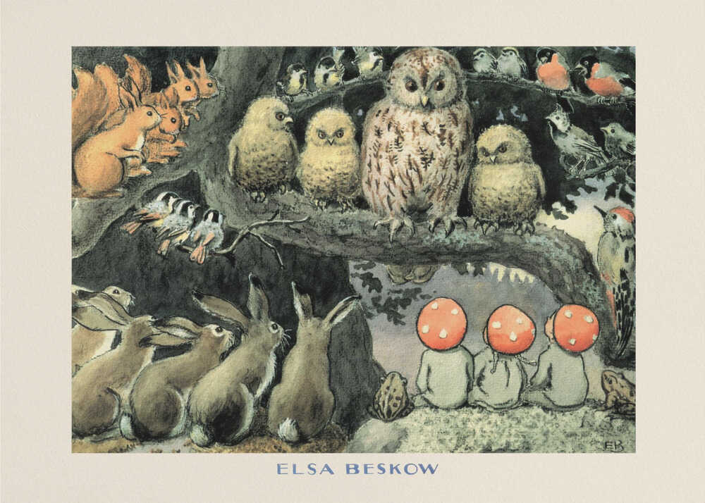 Elsa Beskow poster with owls, hares, squirrels and mushroom children in a tree
